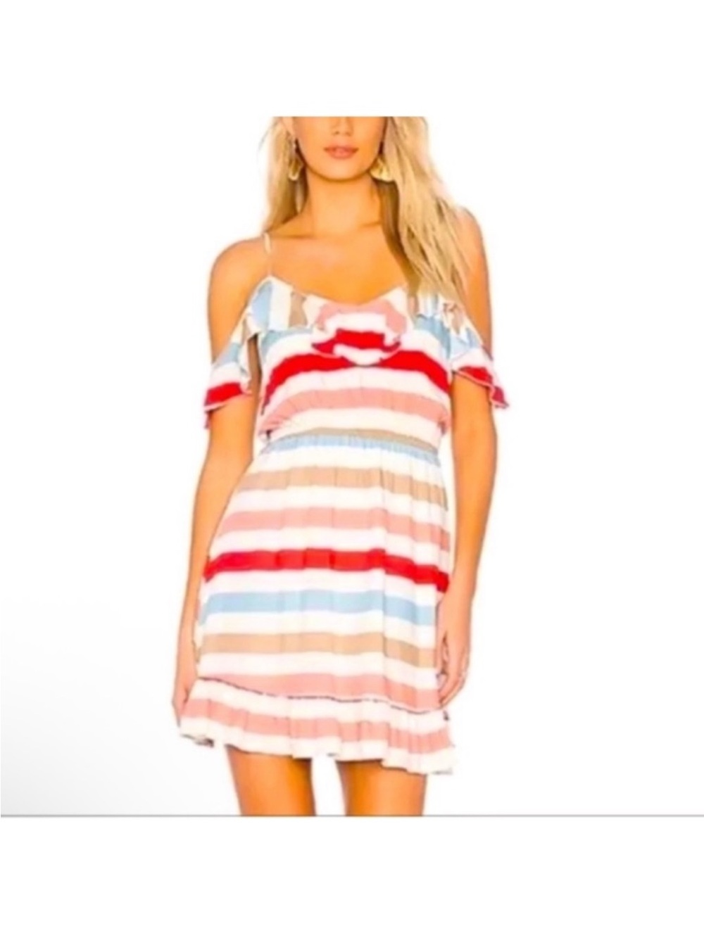 Women’s Striped Strapy Cold Shoulder Mini Summer Dress Sz L Flounce Overlay